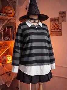 Comfortcana 大尺碼撞色條紋印花 2 合 1 運動衫 - 黑與白 - 查看 6