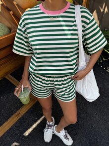 青少年女孩休閒極簡短袖上衣與短褲兩件套，適合夏季 - 白色 - 查看 6