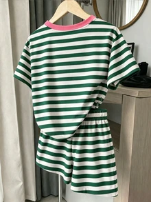 青少年女孩休閒極簡短袖上衣與短褲兩件套，適合夏季 - 白色 - 查看 2