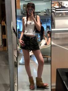 DAZY Women's Summer Casual Camouflage Print Denim Skort - Army Green - View 2