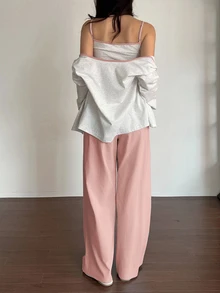 DAZY 3-Piece Set Contrast Color Design Cute Rabbit Pattern Printed Camisole Cardigan & Solid Color Long Pants Women's Pajama Set - Pink - View 2