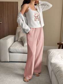 DAZY 3-Piece Set Contrast Color Design Cute Rabbit Pattern Printed Camisole Cardigan & Solid Color Long Pants Women's Pajama Set - Pink - View 6