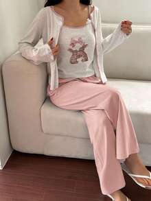DAZY 3-Piece Set Contrast Color Design Cute Rabbit Pattern Printed Camisole Cardigan & Solid Color Long Pants Women's Pajama Set - Pink - View 4