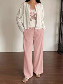 DAZY 3-Piece Set Contrast Color Design Cute Rabbit Pattern Printed Camisole Cardigan & Solid Color Long Pants Women's Pajama Set - Pink - View 3