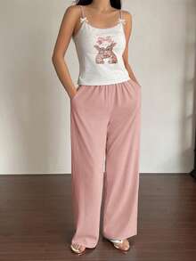 DAZY 3-Piece Set Contrast Color Design Cute Rabbit Pattern Printed Camisole Cardigan & Solid Color Long Pants Women's Pajama Set - Pink - View 5