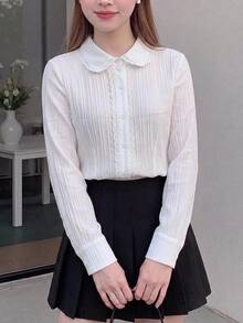 SHEIN Girlism 青少年女孩白色休閒學院風甜美淑女純色紋理梭織拼接蕾絲飾邊刺繡長袖襯衫上衣，兒童女童開學穿搭法式白襯衫 - 白色 - 查看 5