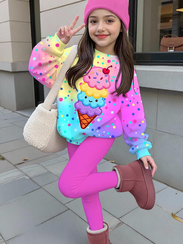 Young Girl Casual Cute Cartoon Ice Cream Pattern, Colorful Polka Dot Tie-Dye, Sweet Cream Style, Round Neck Long Sleeve Sweatshirt And Leggings 2-Piece Set Suitable For Autumn/Winter, Graphic, Cozy, Girls Outfit Sets, Y2K, Kawaii, Chill