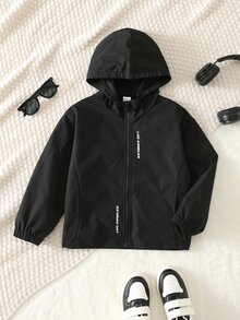SHEIN 兒童小男孩休閒日常百搭舒適字母印花連帽寬鬆長袖輕量梭織秋季外套 - 黑色 - 查看 4