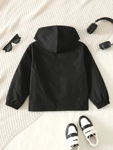 SHEIN 兒童小男孩休閒日常百搭舒適字母印花連帽寬鬆長袖輕量梭織秋季外套 - 黑色 - 查看 3