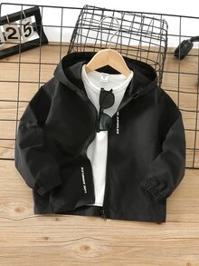 SHEIN 兒童小男孩休閒日常百搭舒適字母印花連帽寬鬆長袖輕量梭織秋季外套 - 黑色 - 查看 5