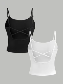 SHEIN 青少年女孩內搭背心 2件組，簡約舒適親膚貼身，適合日常穿著 - 黑與白 - 查看 2