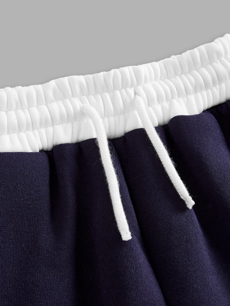 Girlism Teen Girl Loose Long Sweatpants, Colorblock Navy Blue, Knitted Casual Drawstring Pocket Wide Leg, Daily Fashion Back To School Outfit Winter - Blue and White - View 6