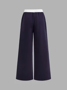 Girlism 青少年女孩寬鬆長款運動褲，拼色海軍藍，針織休閒抽繩口袋寬腿褲，日常時尚返校穿搭冬季款 - 藍白色 - 查看 2