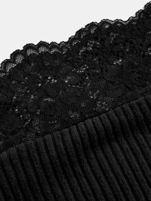 SHEIN 兒童青少年女孩春/秋季新款色羅紋針織蕾絲拼接露肩修身休閒長袖基礎內搭上衣，返校季 - 黑色 - 查看 5