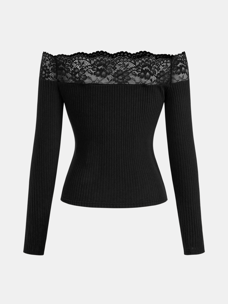 SHEIN Kids Teen Girls T-Shirts Spring/Autumn New Black Solid Color Ribbed Knit Lace Patchwork Off-Shoulder Off-Shoulder Fitted Casual Long Sleeve Basic Base Layer Top, Back To School Season - Black - View 2