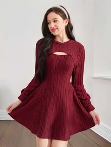 SHEIN Leap Crew 少女深红色/运动/学院风/罗纹/休闲短款连帽运动衫吊带背心裙/舒适/运动服/ A 字裙 - 紅色 - 查看 3