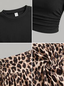 SHEIN Tween Girl Solid Color Fashion Textured Short Sleeve Crew Neck Pleated T-Shirt And Leopard Print Skirt Set Vacation Black Brown Summer Casual - Black - View 5