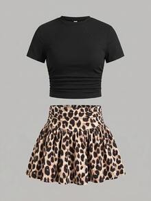 SHEIN Tween Girl Solid Color Fashion Textured Short Sleeve Crew Neck Pleated T-Shirt And Leopard Print Skirt Set Vacation Black Brown Summer Casual - Black - View 6