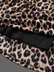 SHEIN Tween Girl Solid Color Fashion Textured Short Sleeve Crew Neck Pleated T-Shirt And Leopard Print Skirt Set Vacation Black Brown Summer Casual - Black - View 7