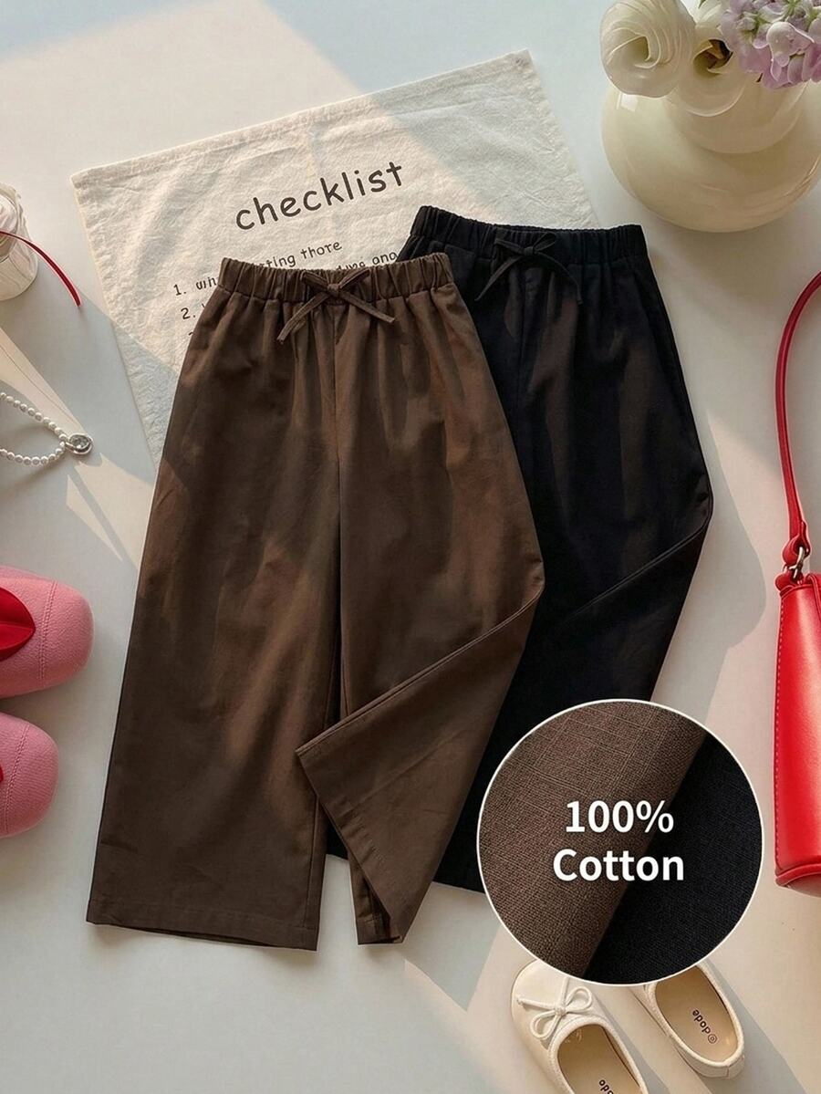 SHEIN 女童小女孩純色腰綁帶休閒寬腿褲 - 彩色 - 查看 1