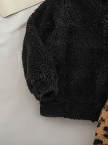 SHEIN 女童純色豹紋人造毛連帽休閒衛衣套裝 2件組，秋冬款 - 彩色 - 查看 7