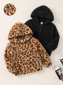 SHEIN 女童純色豹紋人造毛連帽休閒衛衣套裝 2件組，秋冬款 - 彩色 - 查看 2