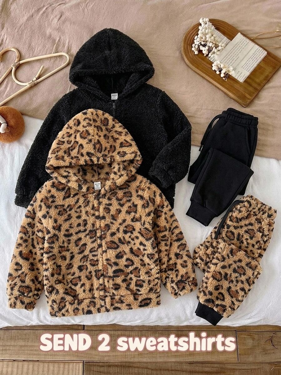 SHEIN 女童純色豹紋人造毛連帽休閒衛衣套裝 2件組,秋冬款 - 彩色 - 查看 1