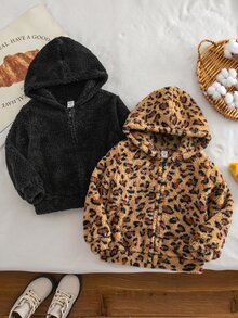 SHEIN 女童純色豹紋人造毛連帽休閒衛衣套裝 2件組，秋冬款 - 彩色 - 查看 3