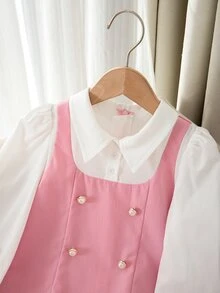 SHEIN Young Girls Fashion Faux Pearl Decor Ruffle Hem Dress Back-To-School Pink Dresses Shirt Dresses - Multicolor - View 6