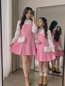 SHEIN Young Girls Fashion Faux Pearl Decor Ruffle Hem Dress Back-To-School Pink Dresses Shirt Dresses - Multicolor - View 3