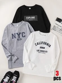 SHEIN Teenager Jungen 3er T-Shirt Multipack, vielseitige Langarm Kleidung Schulanfang Herbst/Winter - Verschiedenfarbig - Übersicht 6