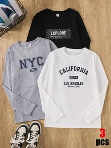 SHEIN Teenager Jungen 3er T-Shirt Multipack, vielseitige Langarm Kleidung Schulanfang Herbst/Winter - Verschiedenfarbig - Übersicht 7