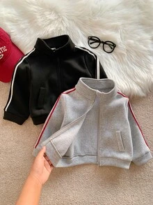 SHEIN 中性嬰兒男/女童 2件組秋冬保暖內裡加厚立領織帶夾克套裝 多件式街頭風 - 灰色 - 查看 9