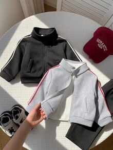 SHEIN 中性嬰兒男/女童 2件組秋冬保暖內裡加厚立領織帶夾克套裝 多件式街頭風 - 灰色 - 查看 8