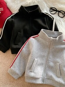 SHEIN 中性嬰兒男/女童 2件組秋冬保暖內裡加厚立領織帶夾克套裝 多件式街頭風 - 灰色 - 查看 7