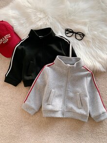 SHEIN 中性嬰兒男/女童 2件組秋冬保暖內裡加厚立領織帶夾克套裝 多件式街頭風 - 灰色 - 查看 10