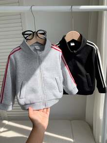 SHEIN 中性嬰兒男/女童 2件組秋冬保暖內裡加厚立領織帶夾克套裝 多件式街頭風 - 灰色 - 查看 4