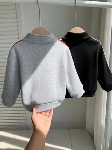 SHEIN 中性嬰兒男/女童 2件組秋冬保暖內裡加厚立領織帶夾克套裝 多件式街頭風 - 灰色 - 查看 3
