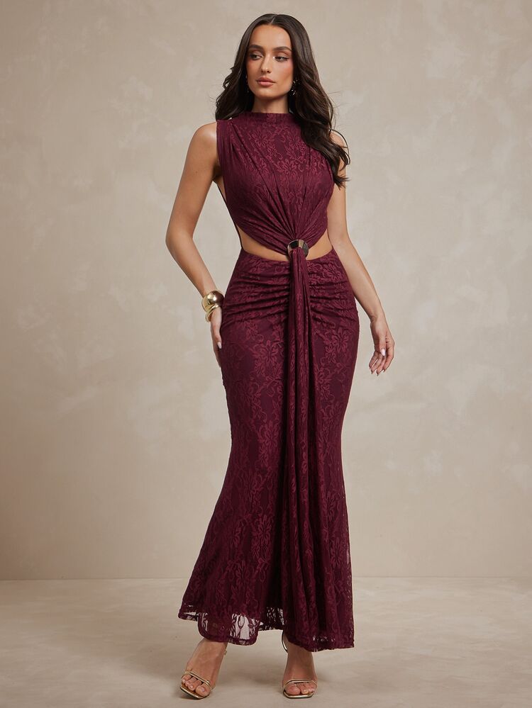 Silquee Women's Elegant Wine-Red Lace Mermaid-Hem Dress With Mandarin Collar And Waist Cut-Outs Autumn Elegant Casual Luxury Formal Festival Party Dress - Burgundy - View 4