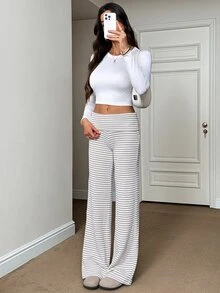 SHEIN Tall بنطال نسائي كاجوال باللون الكاكي مخطط للعمل والترفيه - كاكي - مشاهدة 9