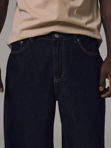 Musero Lose Fit Dark Denim Jeans Contrast Stitching Button Closure Spring Summer Essentials - Blue - View 1