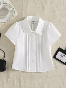 Girls' White Short Sleeve Shirt, Back To School, Daily Wear, Outings - White - View 1