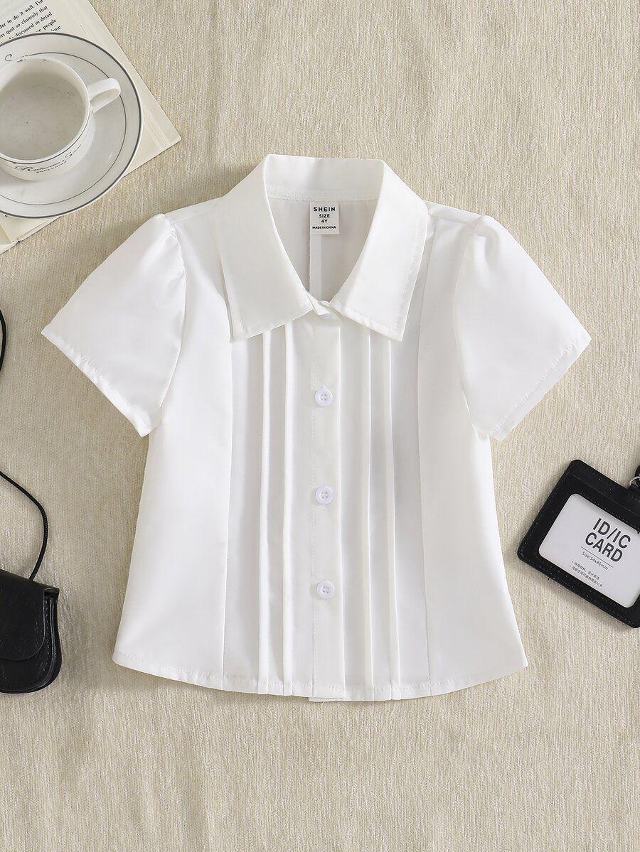 Girls' White Short Sleeve Shirt, Back To School, Daily Wear, Outings - White - View 1