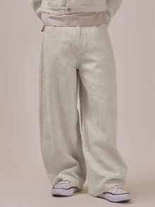 Musero Oversized Loose Fitting Denim Jean In Textured Print Spring Summer Essentials Co Ord Trousers Only - White - View 1