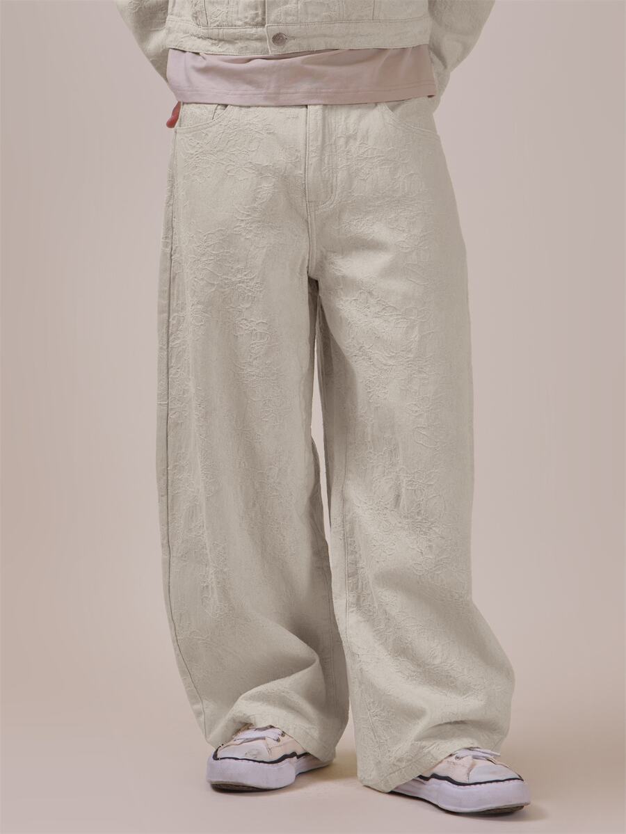 Musero Oversized Loose Fitting Denim Jean In Textured Print Spring Summer Essentials Co Ord Trousers Only - White - View 1