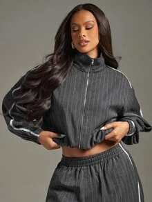 Denimoi High Neck Zip Front Jacket Cinched Waist Jacket Stripe Jacket Fashion Tops Fall, Co-Ord Two Piece Set, Chic Business Set - Dark Grey - View 4