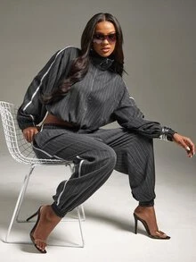 Denimoi High Neck Zip Front Jacket Cinched Waist Jacket Stripe Jacket Fashion Tops Fall, Co-Ord Two Piece Set, Chic Business Set - Dark Grey - View 2