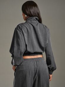 Denimoi High Neck Zip Front Jacket Cinched Waist Jacket Stripe Jacket Fashion Tops Fall, Co-Ord Two Piece Set, Chic Business Set - Dark Grey - View 5