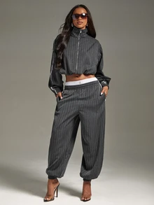 Denimoi High Neck Zip Front Jacket Cinched Waist Jacket Stripe Jacket Fashion Tops Fall, Co-Ord Two Piece Set, Chic Business Set - Dark Grey - View 3