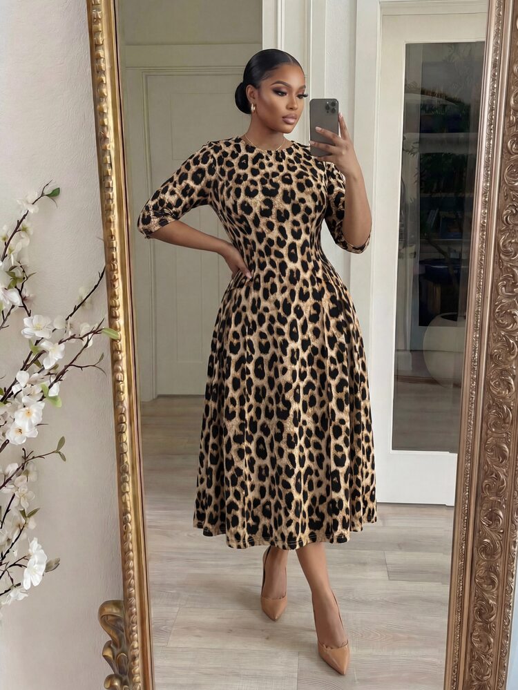 SHEIN Lady Women's Leopard Print Waist Cinched Mid-Length Dress Country Casual Elegant Summer Office Beige - Multicolor - View 5